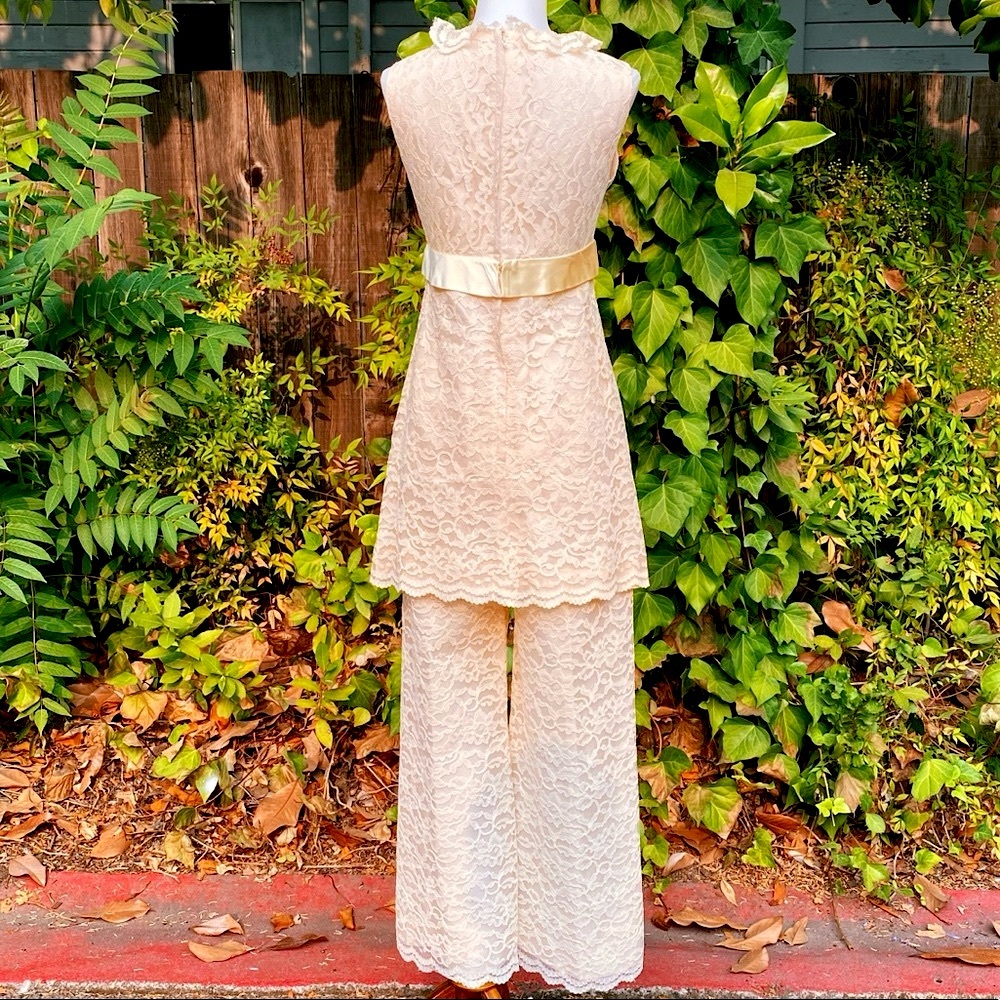 1960's Cream Lace & Satin Mini Dress & Pants Set - Picture 3 of 8